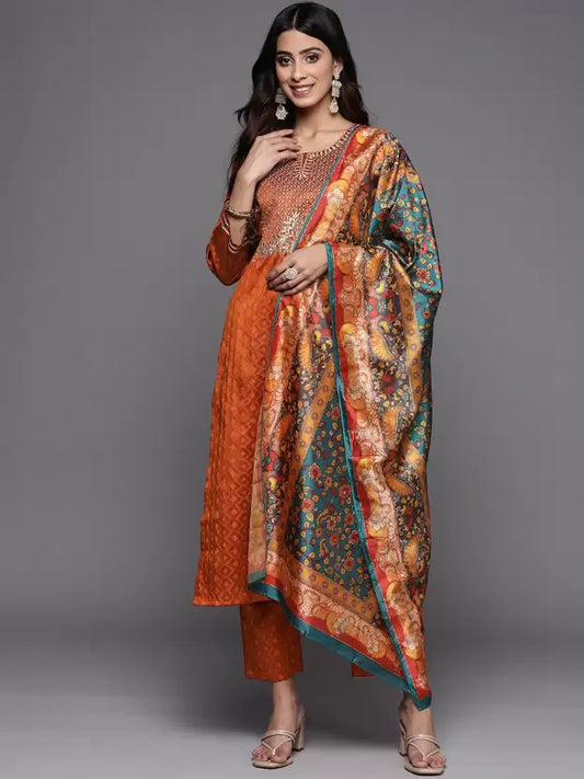 Women Orange Art Silk Kurta Pant Dupatta Set