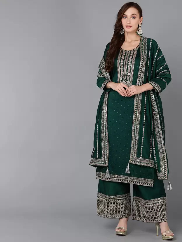 Women Long Sleeve Green Silk Blend Kurta Palazzo Dupatta Set