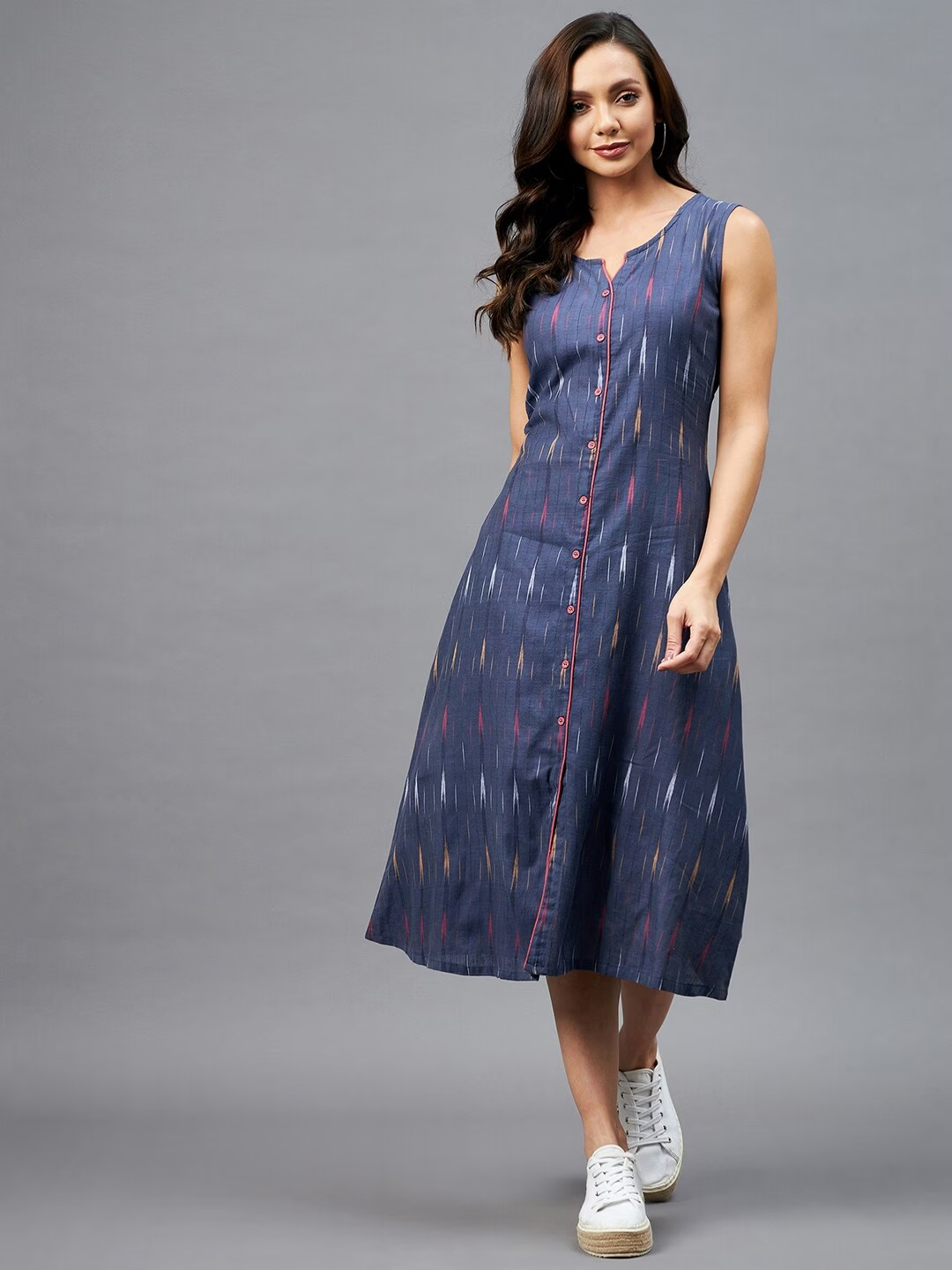 Self Design Sleeveless Cotton A-line Dress