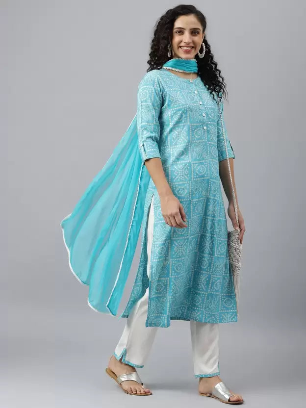 Women Viscose Rayon Kurta Trouser Set (Blue and Green)