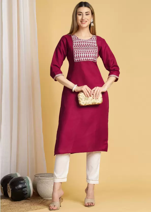 Women Maroon Cotton Blend Kurta Pant Set