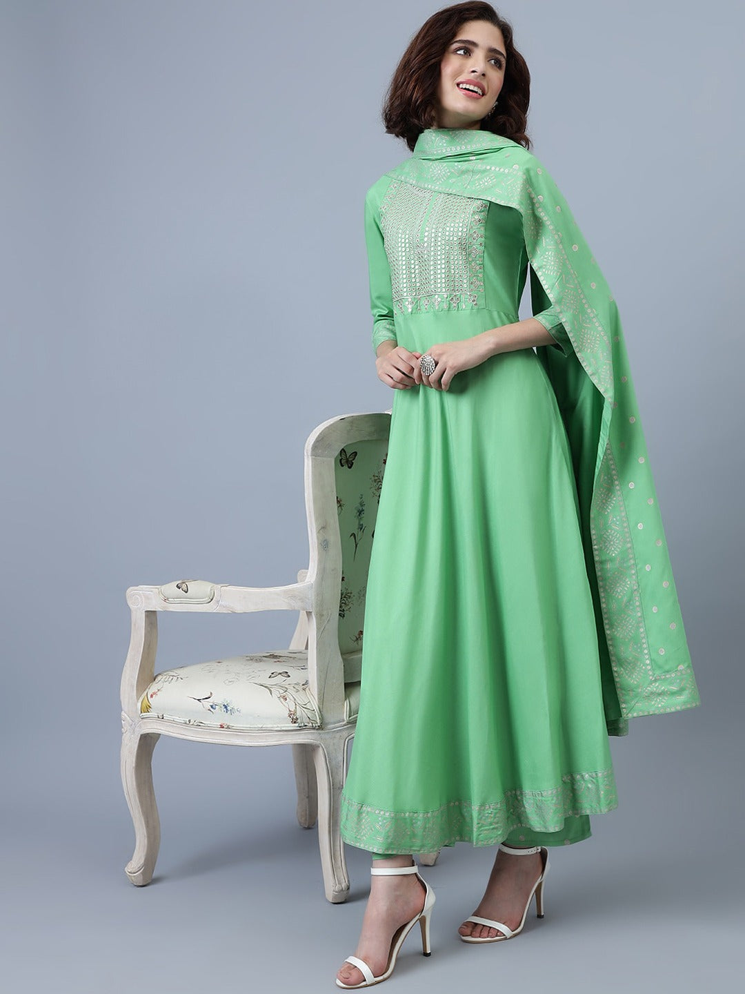 Yoke Design Sequinned Anarkali Kurta with Trousers & Dupatta