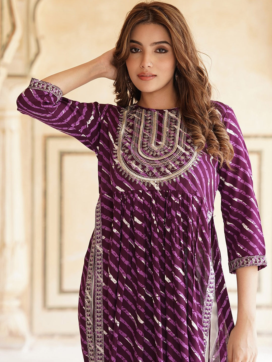 Leheriya Printed Pleated Thread Work Kurta With Trousers