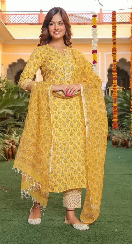 Women Yellow Pure Cotton Kurta Pant Dupatta Set