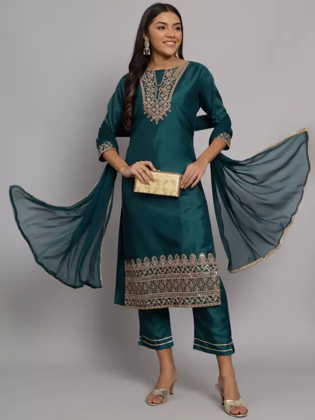 Women Teal Silk Blend Kurta Pant Dupatta Set