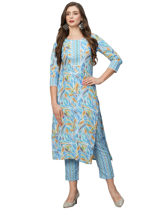 Women's Cotton Blend Straight Printed Kurta with Pant Set