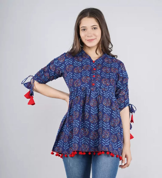 Casual Regular Sleeves Printed Women Royal Blue Top