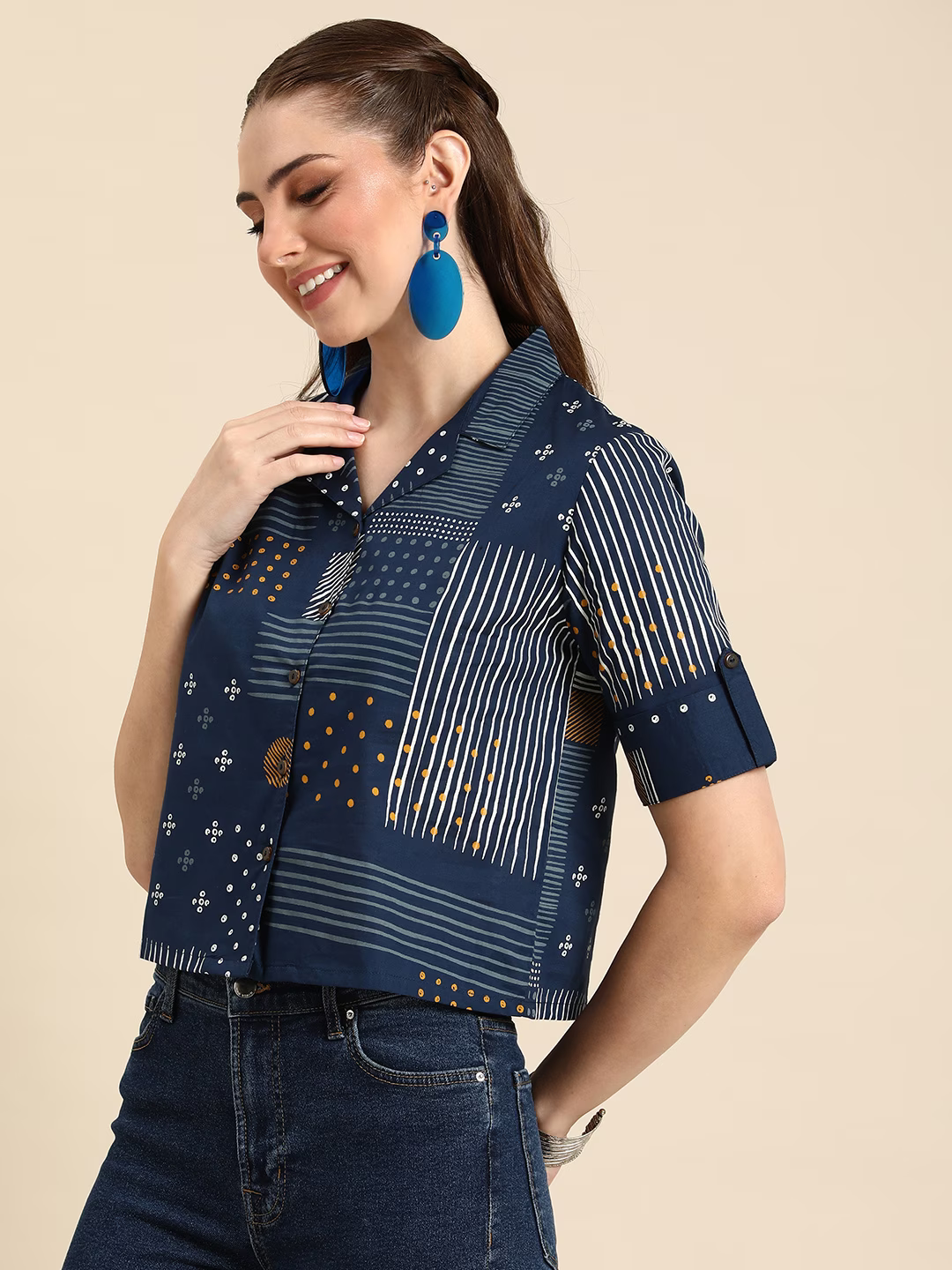 Geometric Print Roll-Up Sleeves Cotton Shirt Style Crop Top