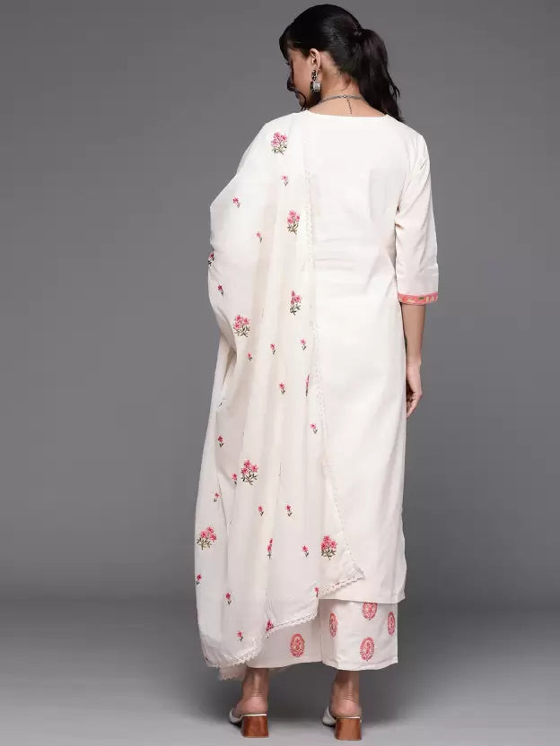 Women Off White & Pink Cotton Floral Thread Work Kurta with Palazzos & Dupatta