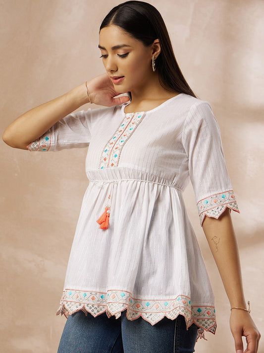 White Striped Round Neck Embroidered Cotton Empire Top