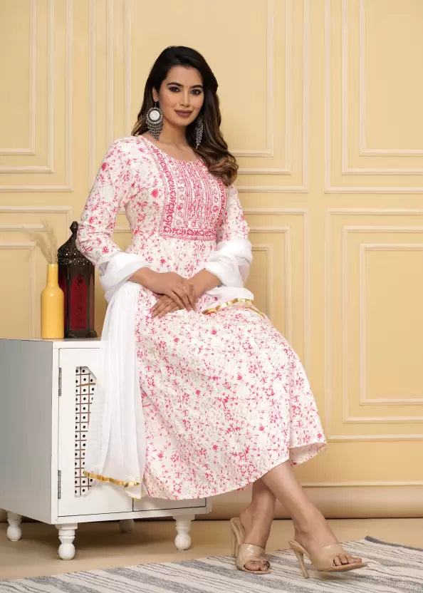 Women White Pink Viscose Rayon Kurta Dupatta Set