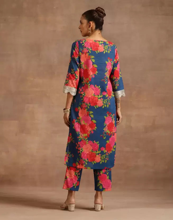 Women Floral Cotton Silk Kurta Pant Dupatta Set