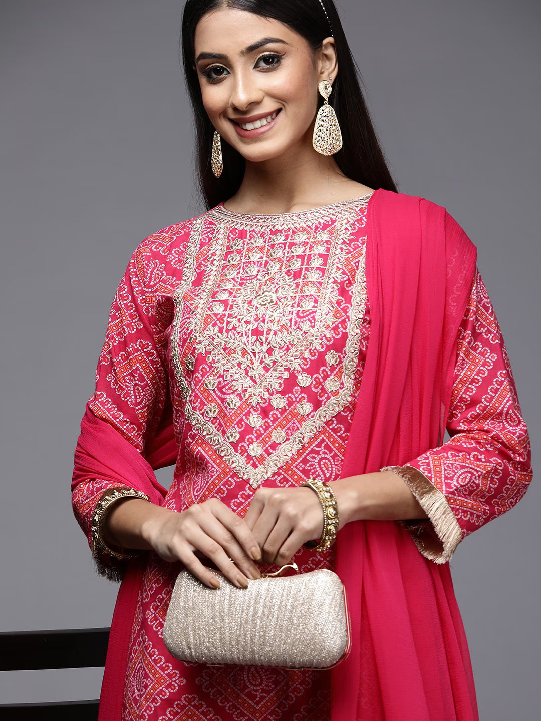 Women Pink Bandhani Embroidered Pure Cotton Kurta with Sharara & With Dupatta