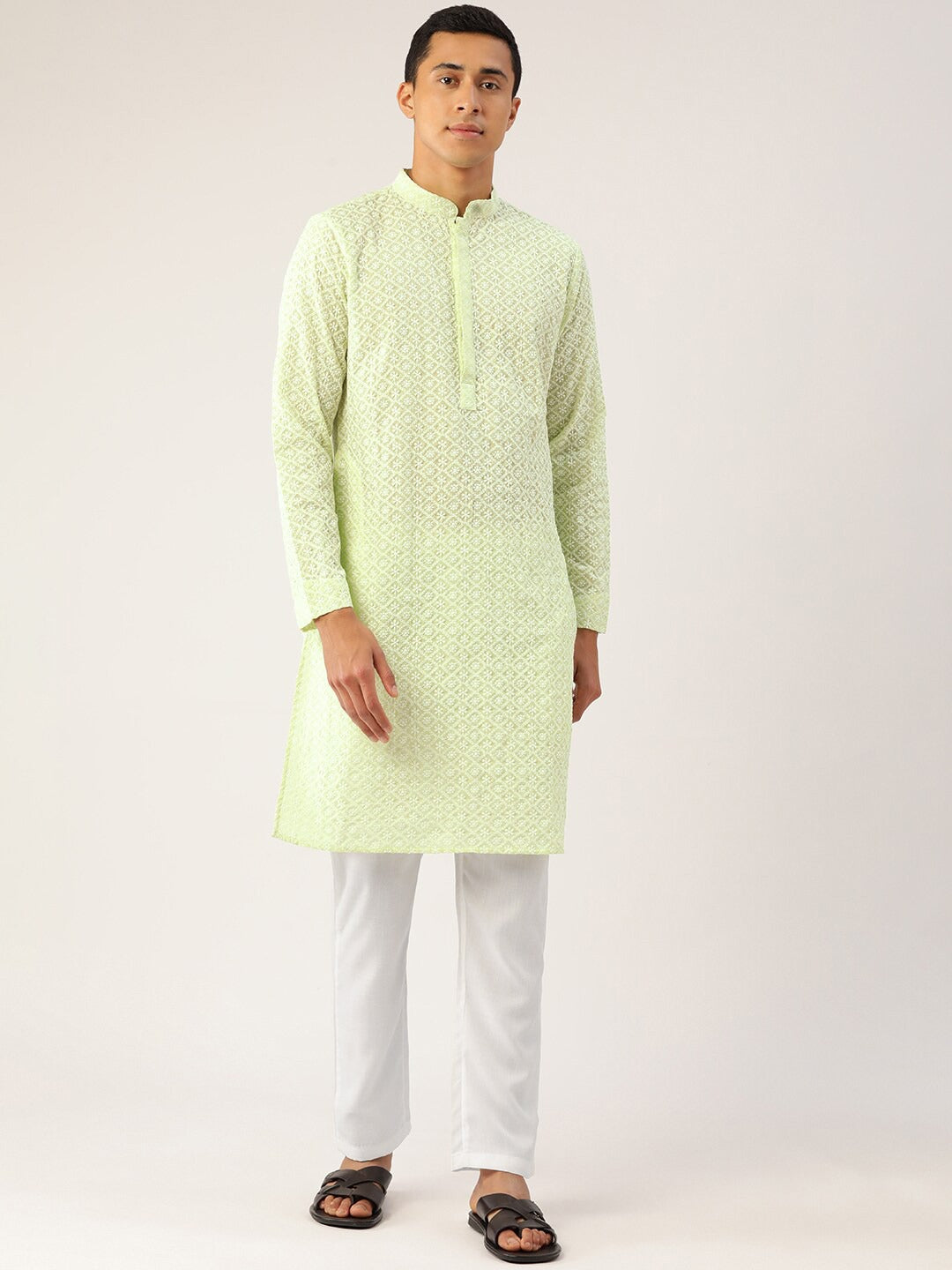 Men Green Chikankari Pure Cotton Kurta with Pyjamas