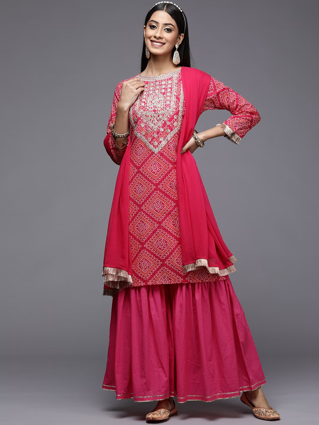 Women Pink Bandhani Embroidered Pure Cotton Kurta with Sharara & With Dupatta