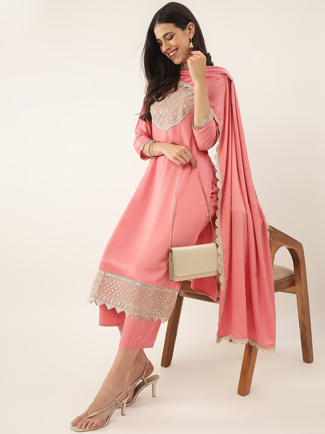 Ethnic Motifs Yoke Design Sequinned Kurta with Trousers & Dupatta