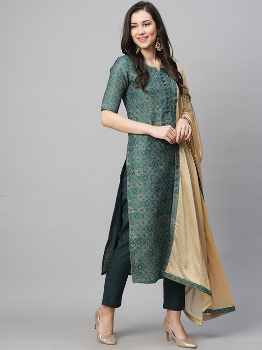 Ethnic Motifs Printed Straight Kurta & Trousers With Dupatta