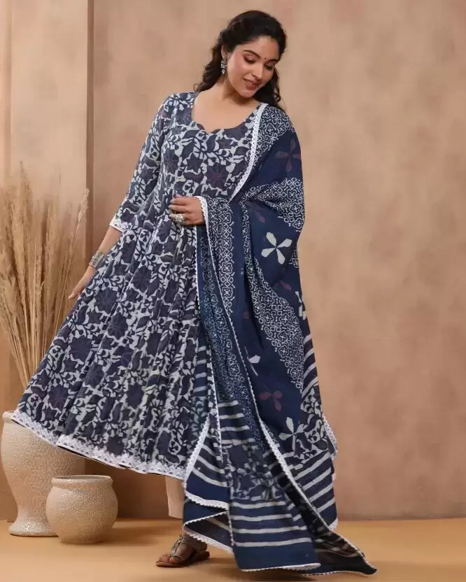 Women Blue Cotton Blend Kurta Palazzo Dupatta Set