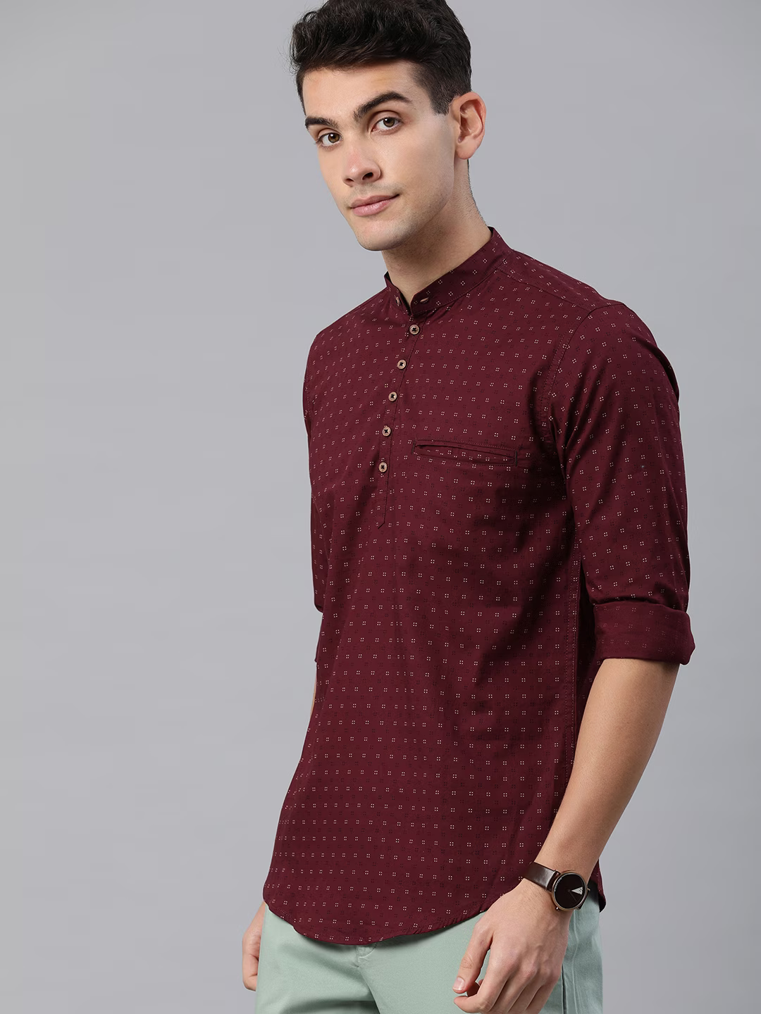 Men Maroon & Off-White Printed Straight Kurta