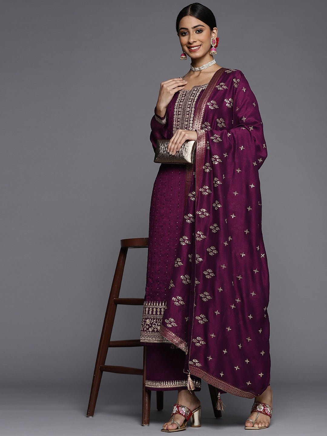 Women Purple Floral Embroidered Sequinned Kurta with Palazzos & Dupatta