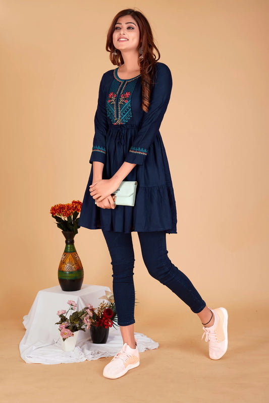 Casual Regular Sleeves Embroidered Women Dark Blue Top