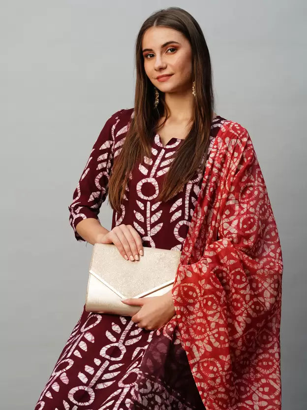 Women Maroon Cotton Blend Kurta Pant Dupatta Set