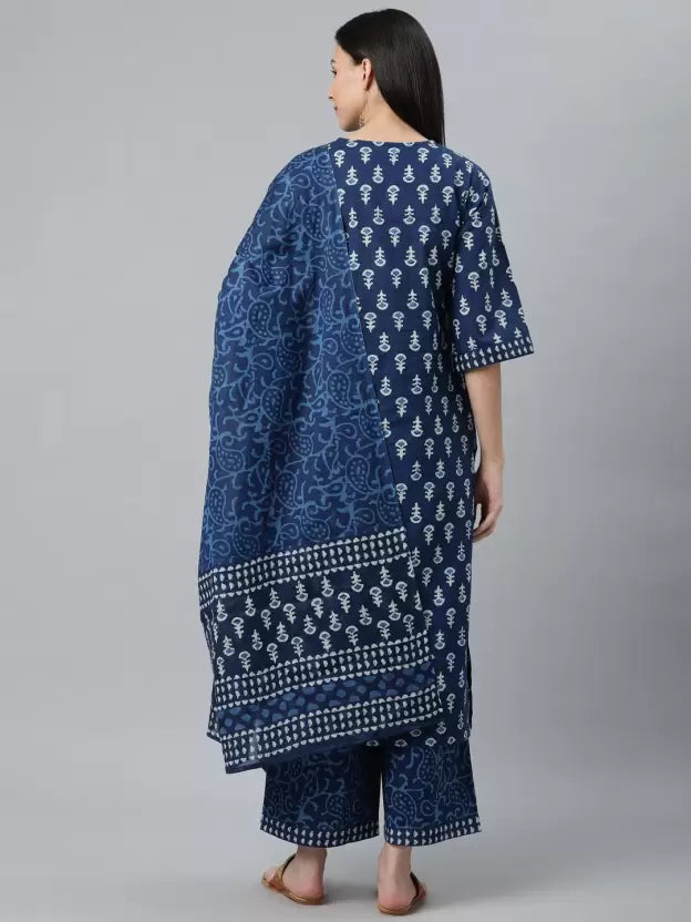 Women Blue Cotton Blend Kurta Palazzo Set