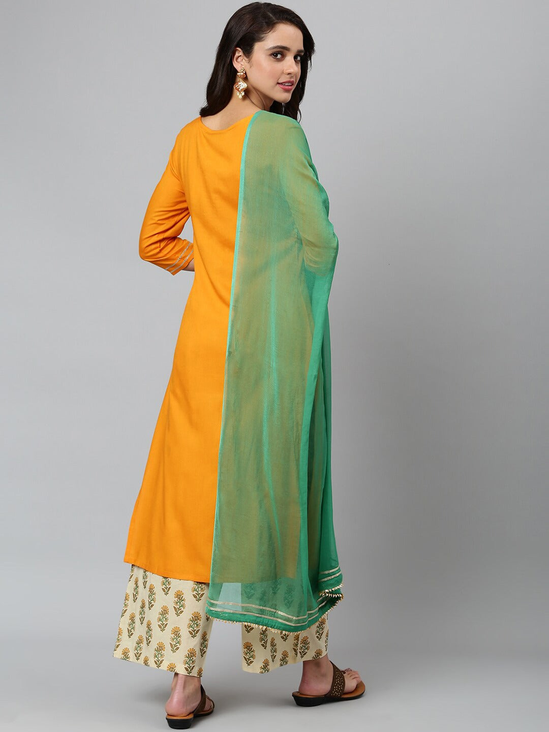 Women Mustard Yellow Printed Yoke Design Regular Kurta with Palazzos & Dupatta