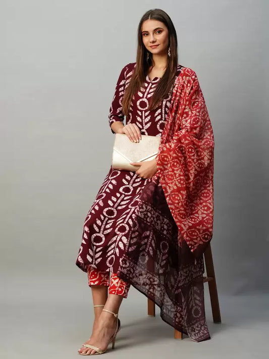 Women Maroon Cotton Blend Kurta Pant Dupatta Set