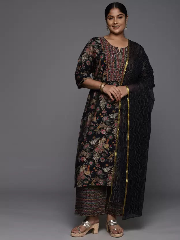 Women Black Silk Blend Kurta Pant Dupatta Set