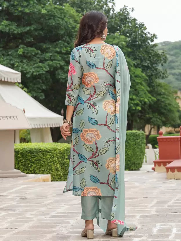 Women Floral Cotton Blend Kurta Pant Dupatta Set