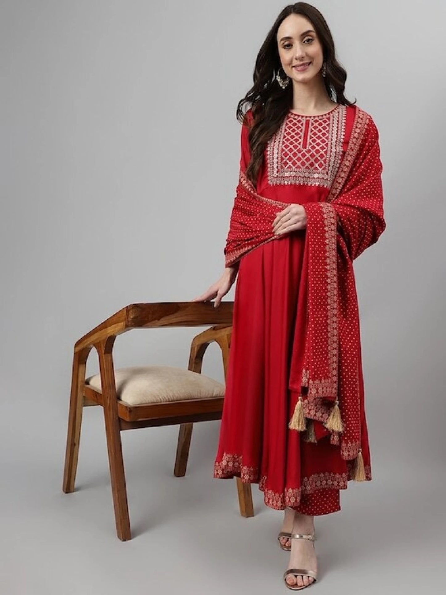 Women Viscose Rayon Red Kurta Palazzo Dupatta Set