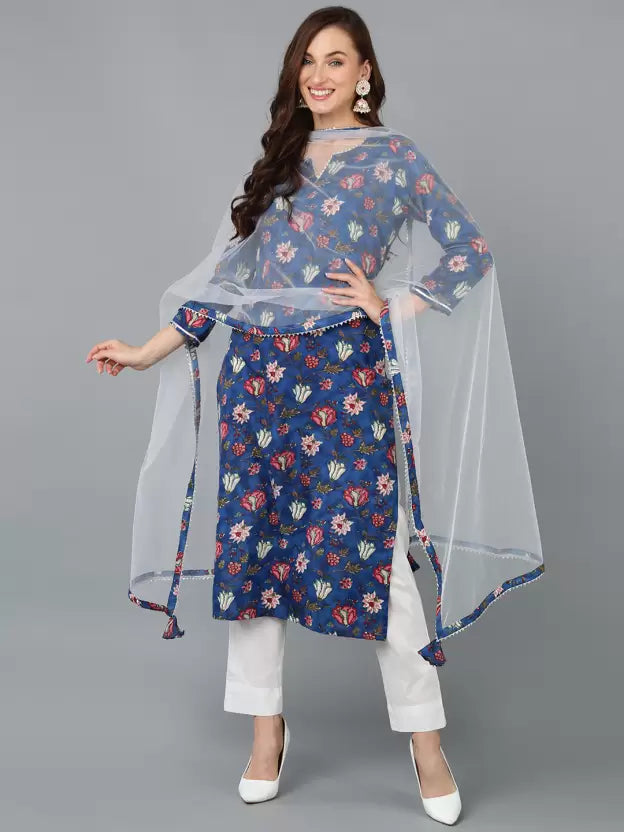 Women Blue Cotton Rayon Kurta Pant Dupatta Set