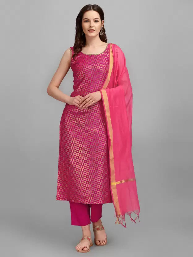 Women Pink Cotton Silk Kurta Pant Dupatta Set