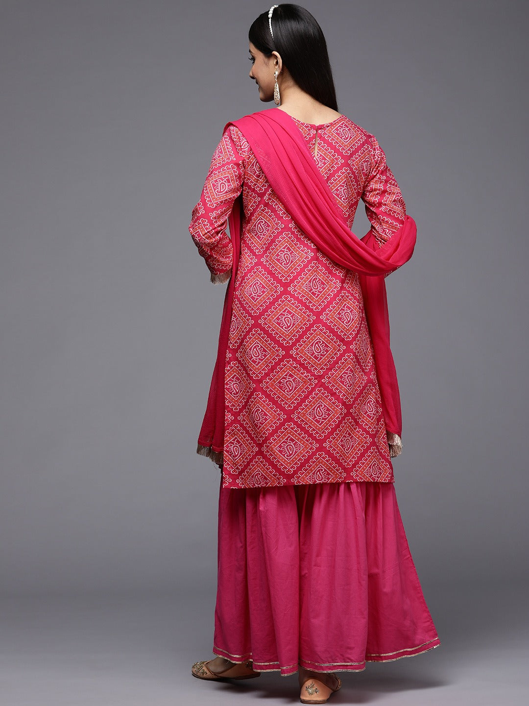 Women Pink Bandhani Embroidered Pure Cotton Kurta with Sharara & With Dupatta