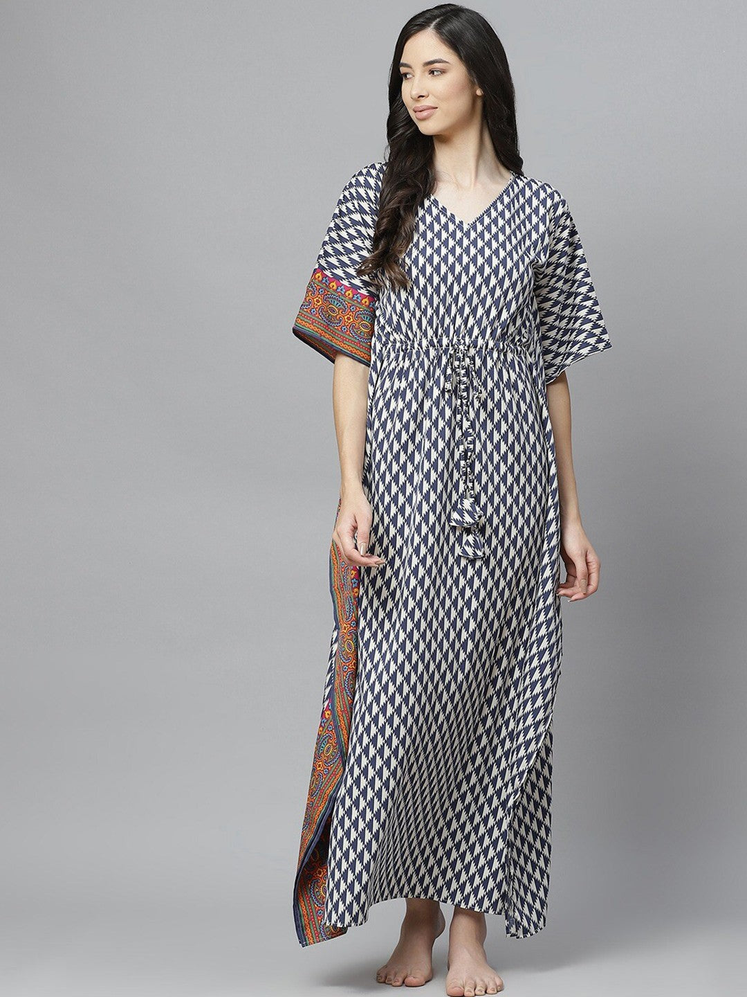 Geometric Printed V-Neck Maxi Kaftan Nightdress