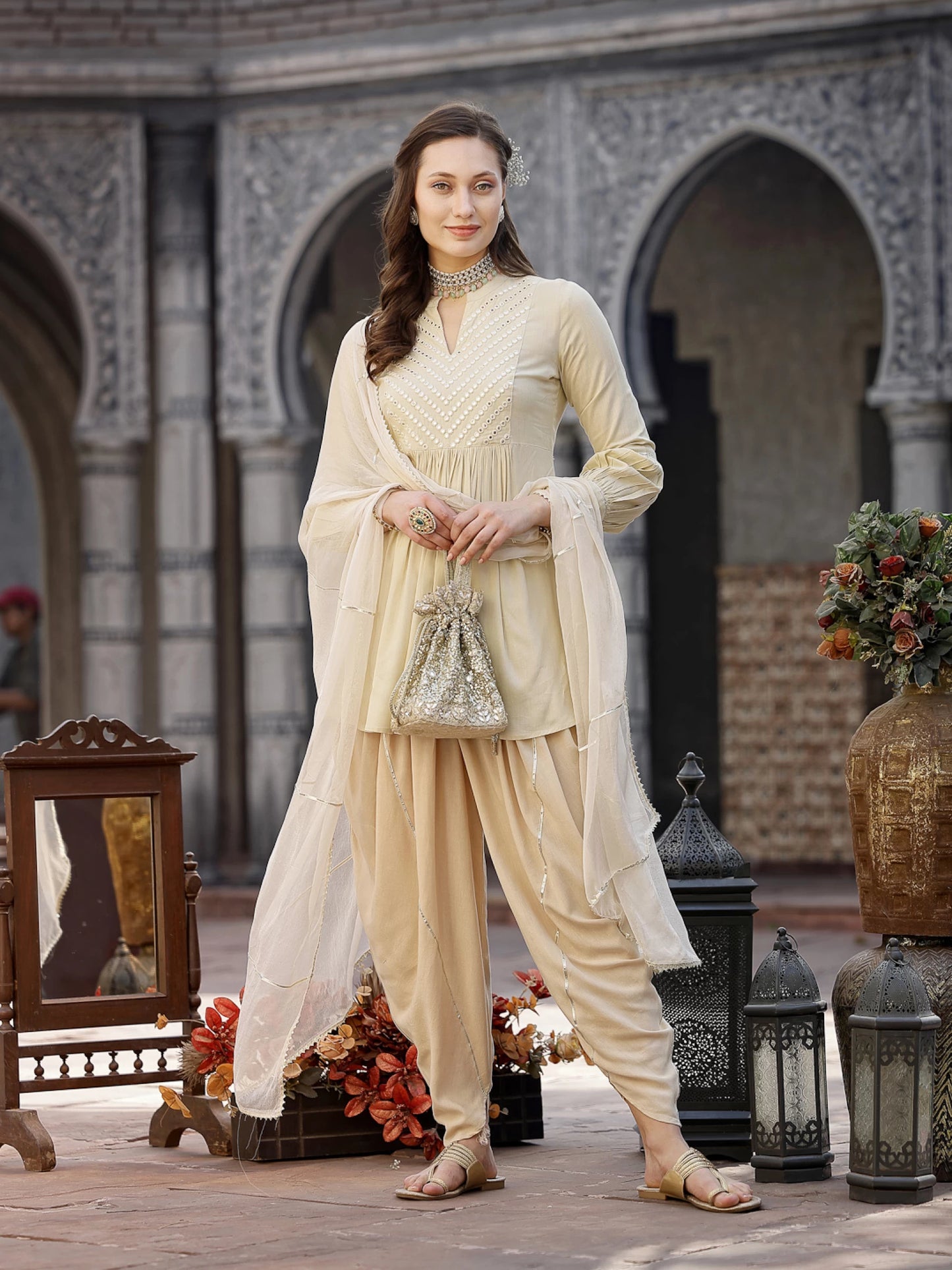 Women Viscose Rayon, Chiffon Kurti Dhoti Pant Dupatta Set