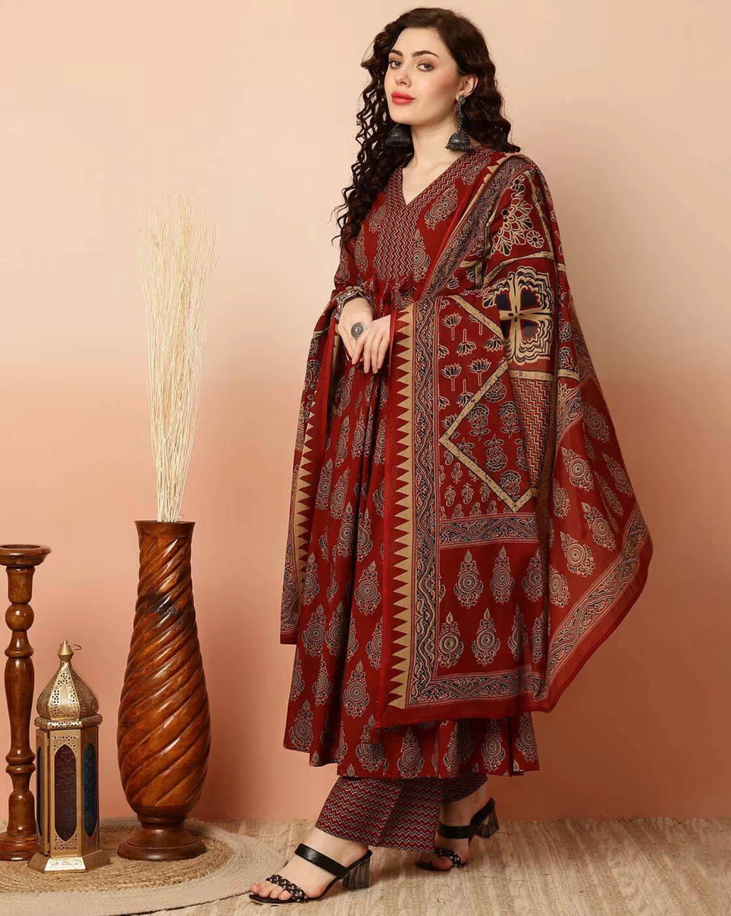 Women Maroon A-line Viscose Rayon Kurta Pant Dupatta Set