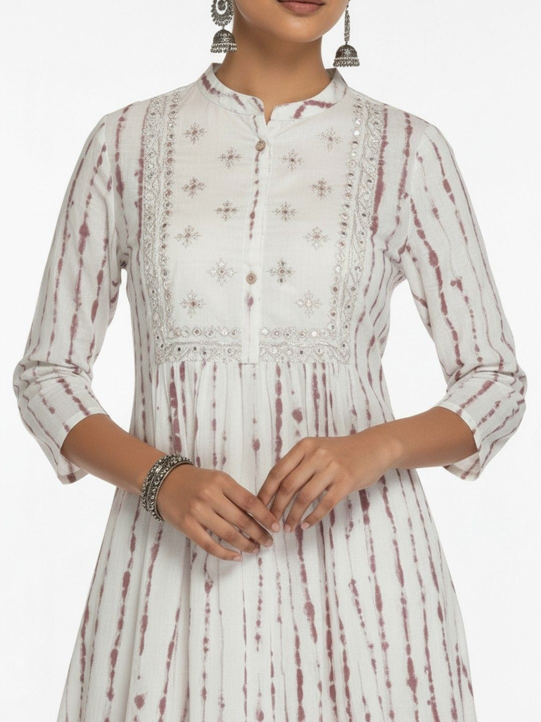 Women Dyed Pleated Mirror Work Pure Cotton Kurti with Trousers