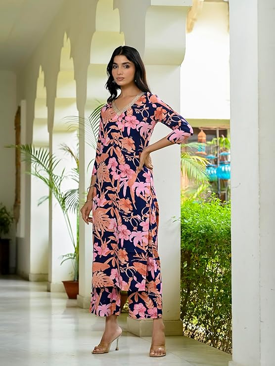 Women's Rayon Blend Printed Straight Kurta with Palazzo