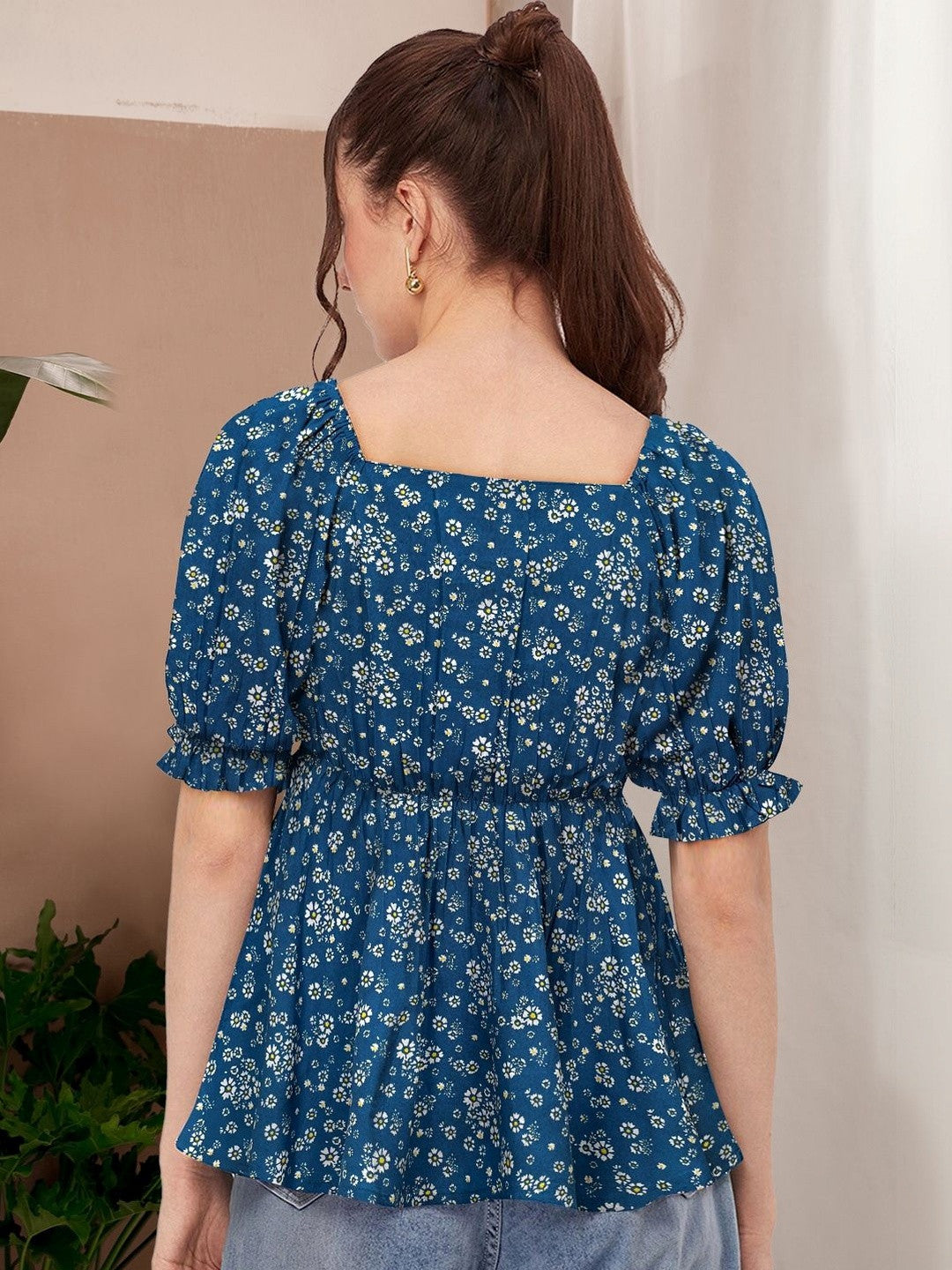 Floral Print Puff Sleeve Peplum Top