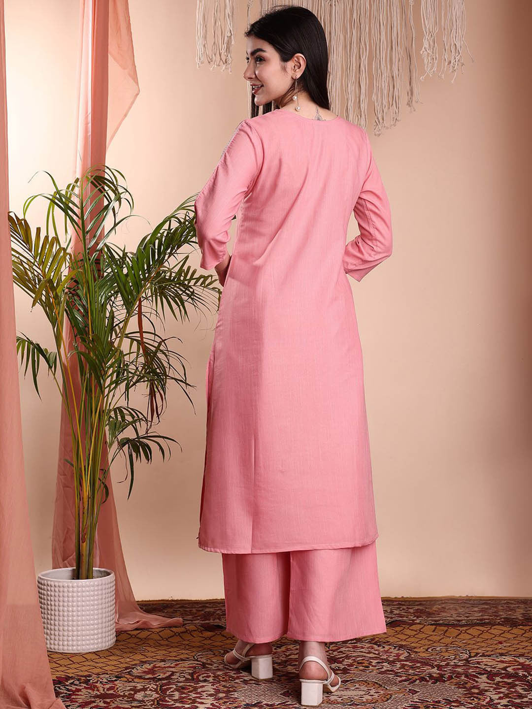 Floral Embroidered Notch Neck Chikankari Straight Kurta With Palazzos