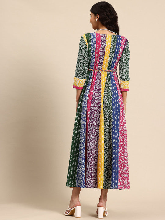 Floral Printed A-Line Maxi Ethnic Dress With Belt