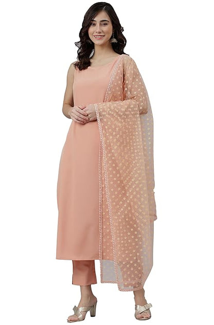 Women's Peach Poly Crepe Solid Kurta with Pant and Dupatta - Amy's Cart