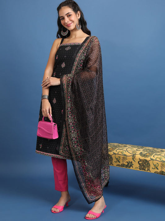 Black Floral Printed Regular Kurta With Trousers & Dupatta