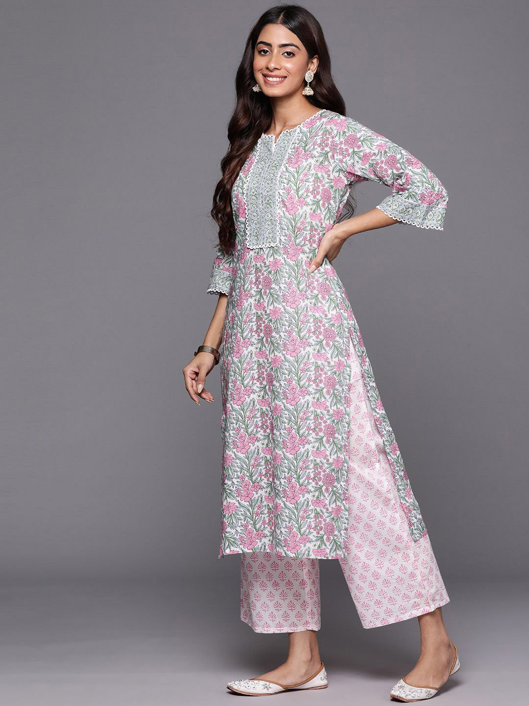 Floral Printed Notch Neck Cotton Straight Kurta With Palazzos & Dupatta - Amy's Cart