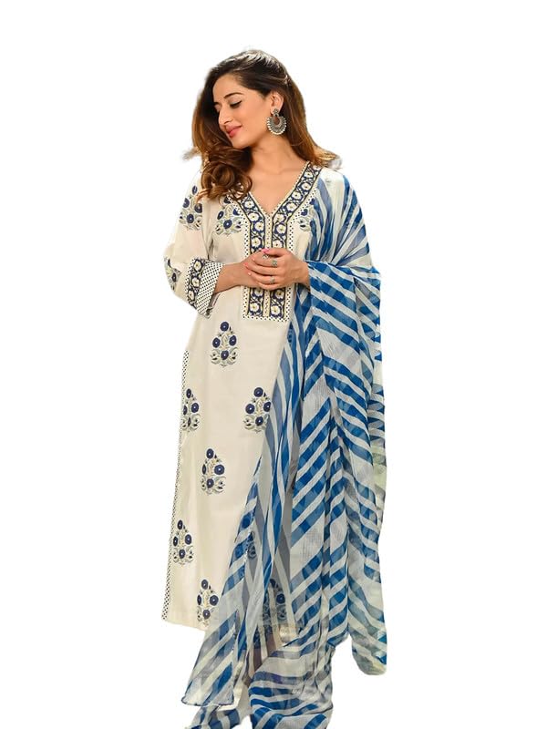 Women Kurta Set Printed V Neck Straight Kurta & Bottom with Dupatta Set