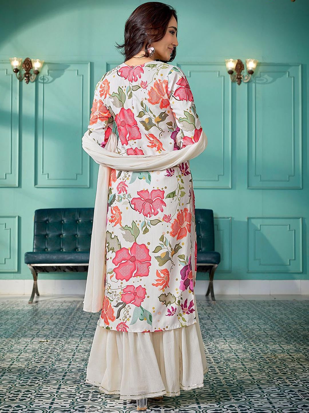 Floral Printed Thread Work Kurta with Sharara & Dupatta