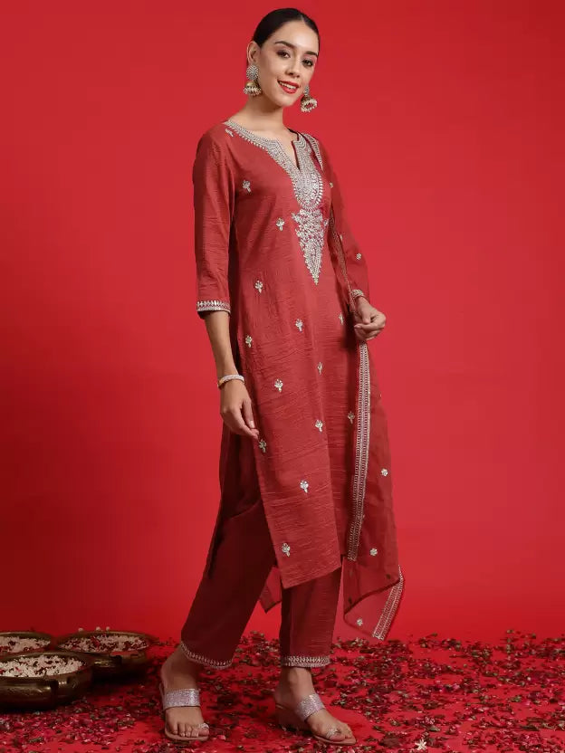 Women Rust Silk Blend Kurta Pant Dupatta Set