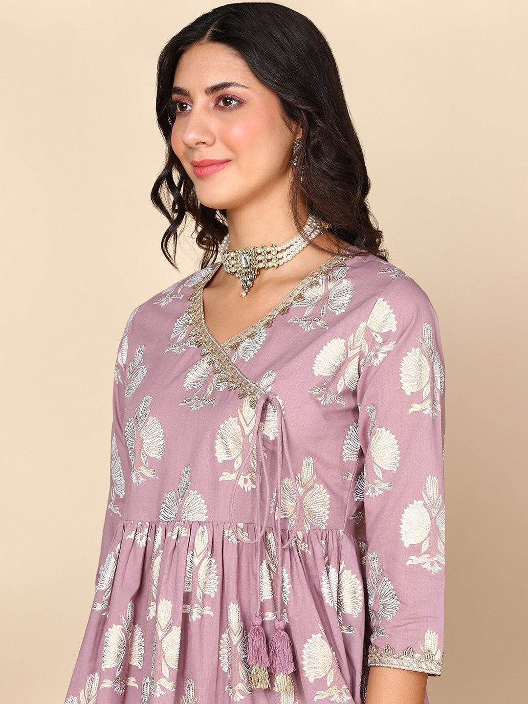 Violet Floral Printed Gotta Patti Pure Cotton Kurta with Sharara & Dupatta